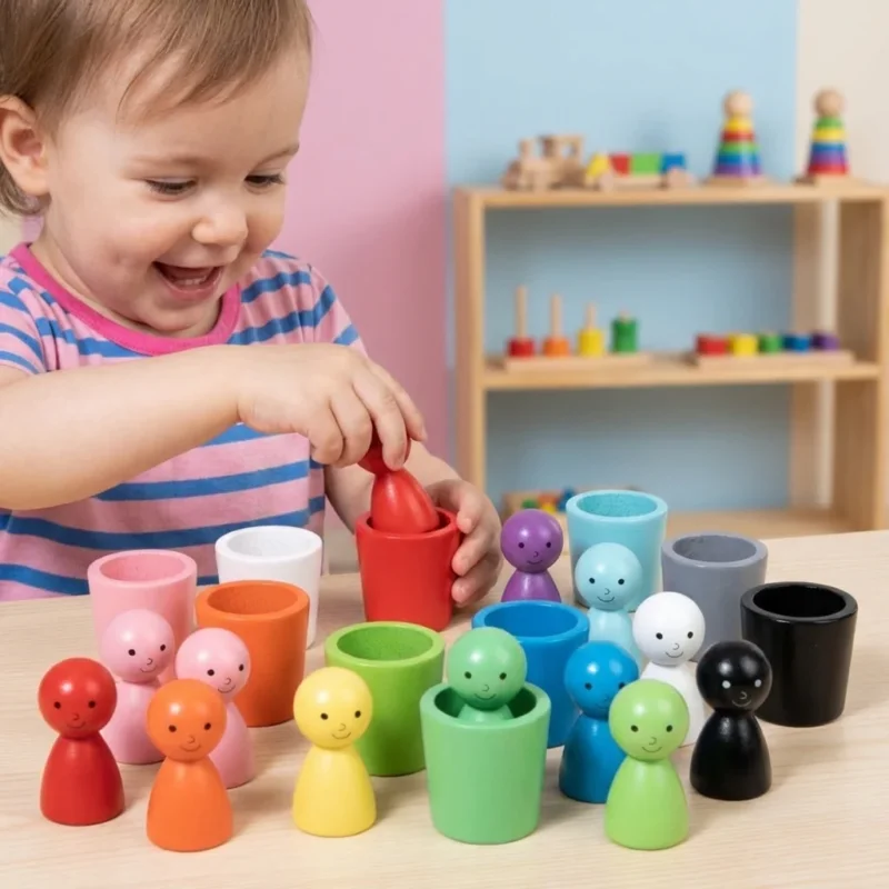 Holz Lernspiel mit Sortierbechern für Farben nach Montessori