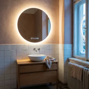 Runder hinterleuchteter LED-Badspiegel mit Uhr über einem Eichen-Waschtisch im Altbau-Bad