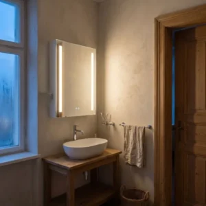 LED-Spiegelschrank mit zwei Lichtstreifen über einem Aufsatzbecken auf Holzwaschtisch im Altbau-Bad mit Stuck