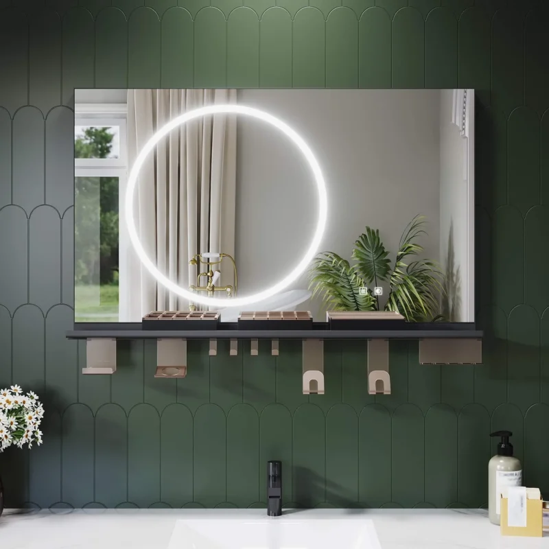 SONNI Badezimmerspiegel mit Beleuchtung 100x60 cm, LED Badspiegel mit Ablage, 3 einstellbare Lichtfarbe + Anti-Beschlag + Touchschalter, Ablage mit Handyhalter + Haken + Zahnbürstenhalter - Sonni Sanitär GmbH