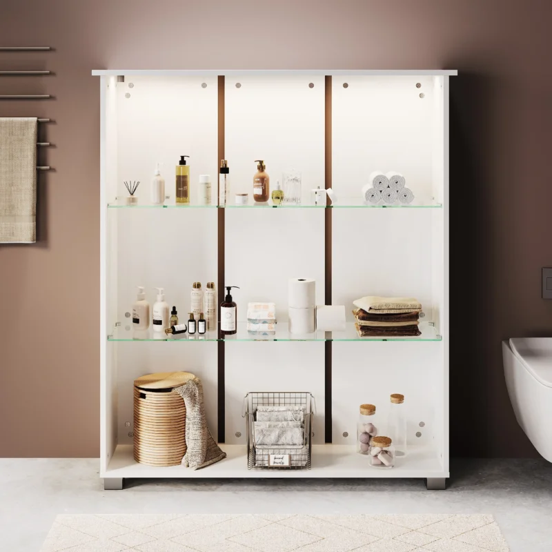 SONNI Badschrank mit LED-Sensoren,3 verstellbare Glasböden Badschrank mit 4 Kunststofffüßen 100 x 26 x 116 cm Weiß