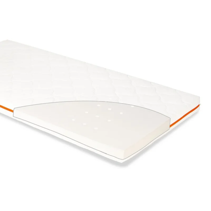 Baby-Matratze 140x70 cm Luna 8 cm aus Polyurethan-Komfortschaum mit atmungsaktivem Bezug und sanfter Polsterung für gesunden Babyschlaf.