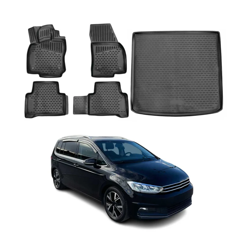 Fußmatten & Kofferraumwanne Set für VW Touran 2015-2026 Gummi TPE Schwarz 5x
