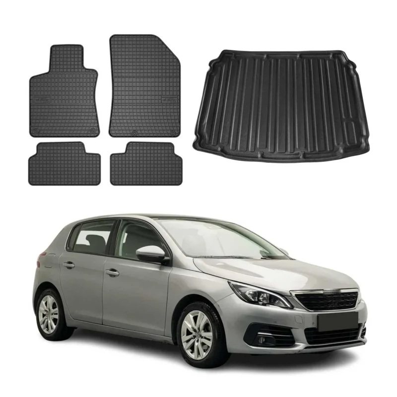 Fußmatten & Kofferraumwanne Set für Peugeot 308 2014-2021 Gummi TPE Schwarz 5x