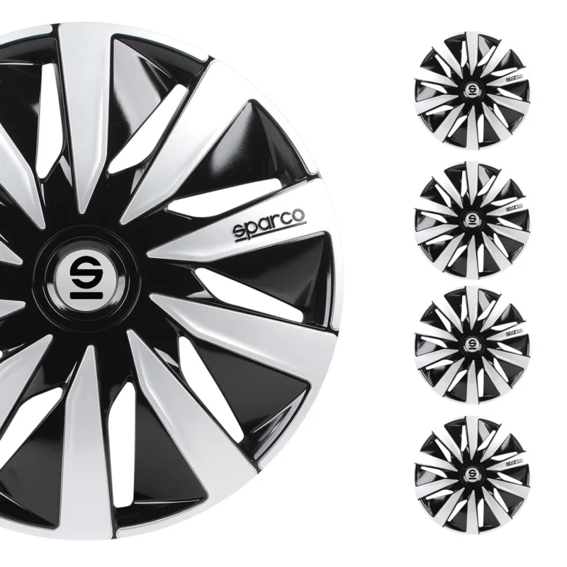 Radkappen Radzierblenden Sparco Lazio 15" Zoll Abdeckung Set Schwarz Silber 4x