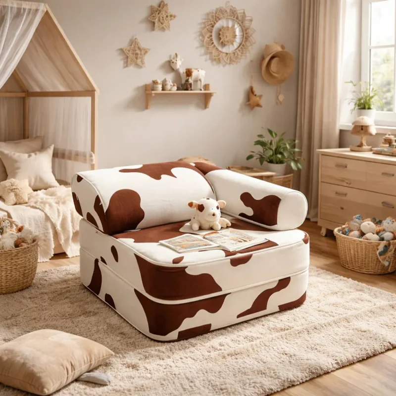 Modularer Sessel im Kuhdesign, 60 x 60 x 50 cm, gemütliches Kindermöbel im warmen Kinderzimmer mit natürlichen Holzelementen von Kindersein.