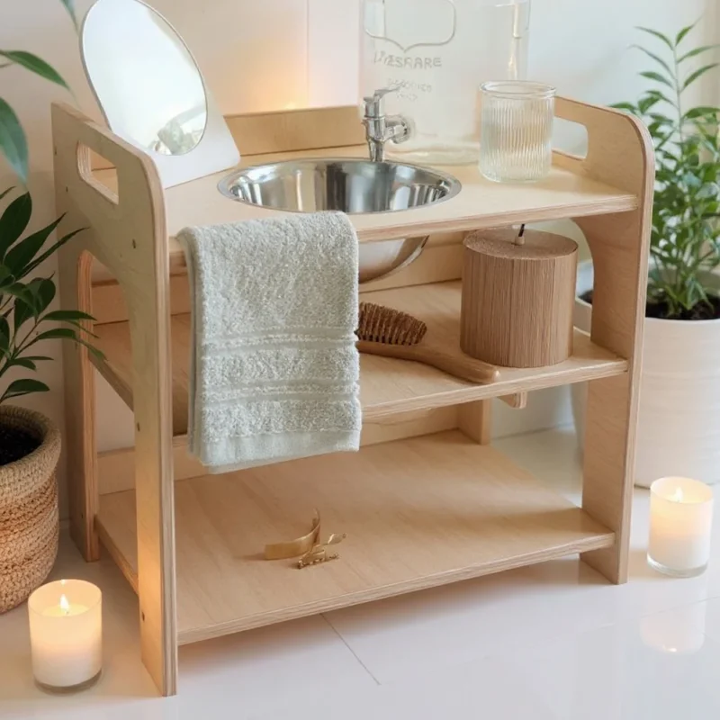 Montessori Kinder-Waschtisch aus Holz mit Ablageflächen & Emaille Schüssel, 50 cm breit, dekoriert mit Handtuch, Bürste und Kerzenlicht für Kinderzimmer
