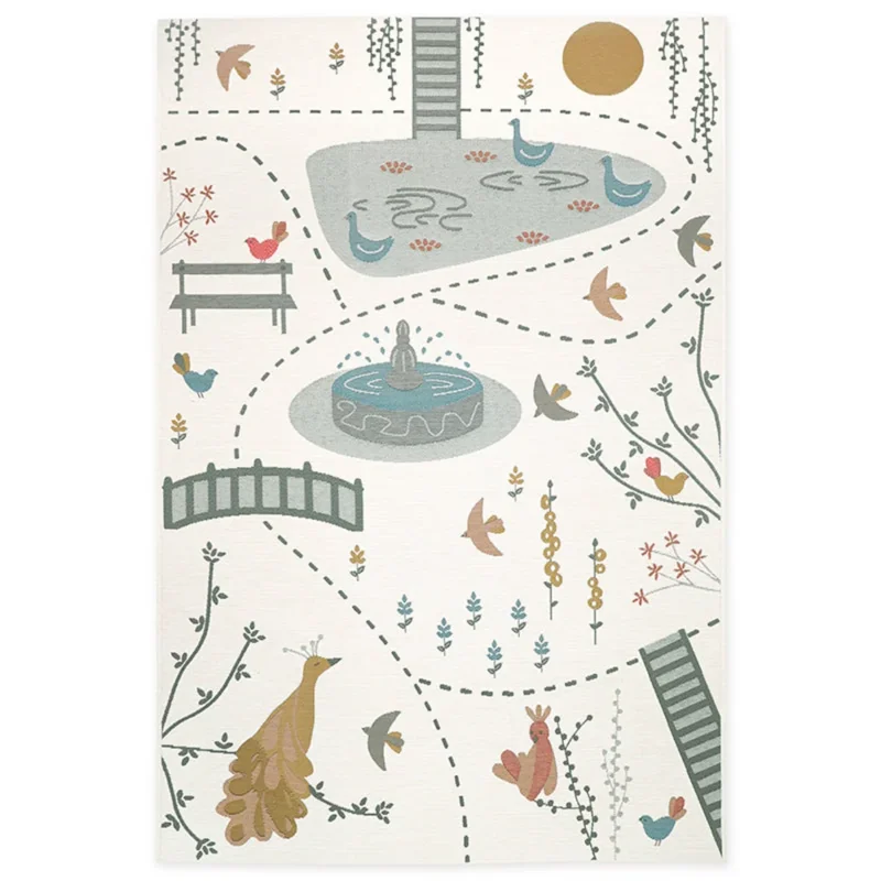 Spielteppich In- & Outdoor 123 x 180 cm Vogel-Paradies mit Wegen, Teich, Brücke, Vögeln und fantasievoller Gartenlandschaft