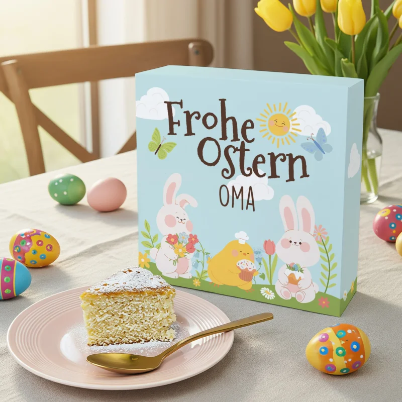 Personalisierter Osterkuchen Geschenkbox Frohe Ostern mit Hasen Küken Blumen Motiv und Name