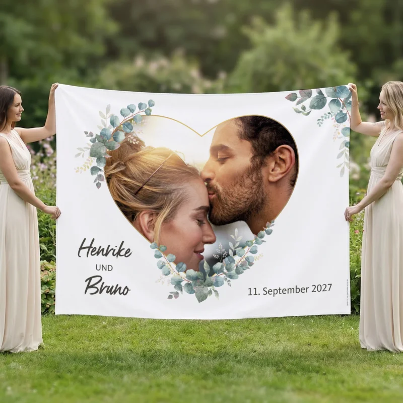 Großes Textilbanner zur Hochzeit mit Herzmotiv, Foto, den Namen Henrike und Bruno und Datum 11. September 2027