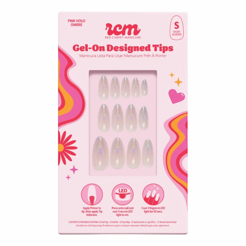 Red Carpet Manicure Gel-On Designed Tips Holographic Pink Ombre