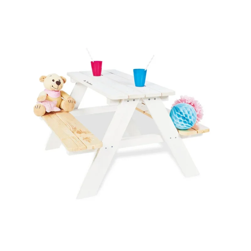 Weiße Sitzgarnitur aus Nadelholz für 4 Kinder mit Bänken, ideal als Geschenk aus der Kollektion Sitzmöbel für Kinder.