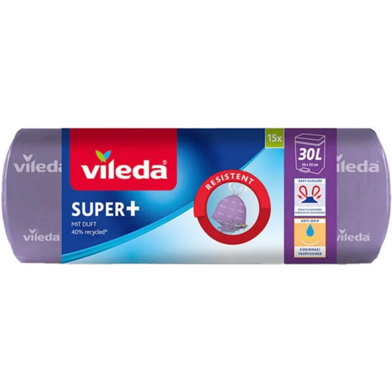 Vileda SUPER+ 30 Liter Müllbeutel, Lavendel Duft, mit Zugband 1 Rolle = 15 Beutel